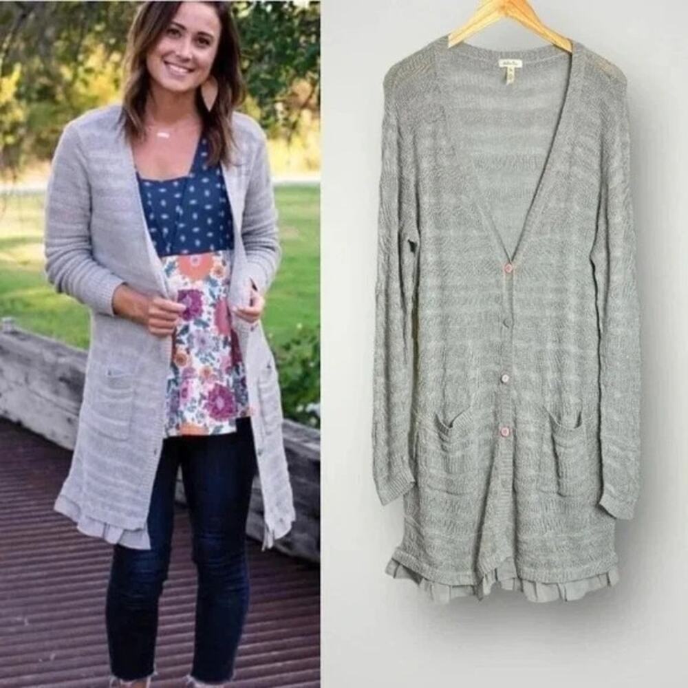 Matilda Jane Gray Stay Cozy Loose Knit Pocketed Button Cardigan Size Medium